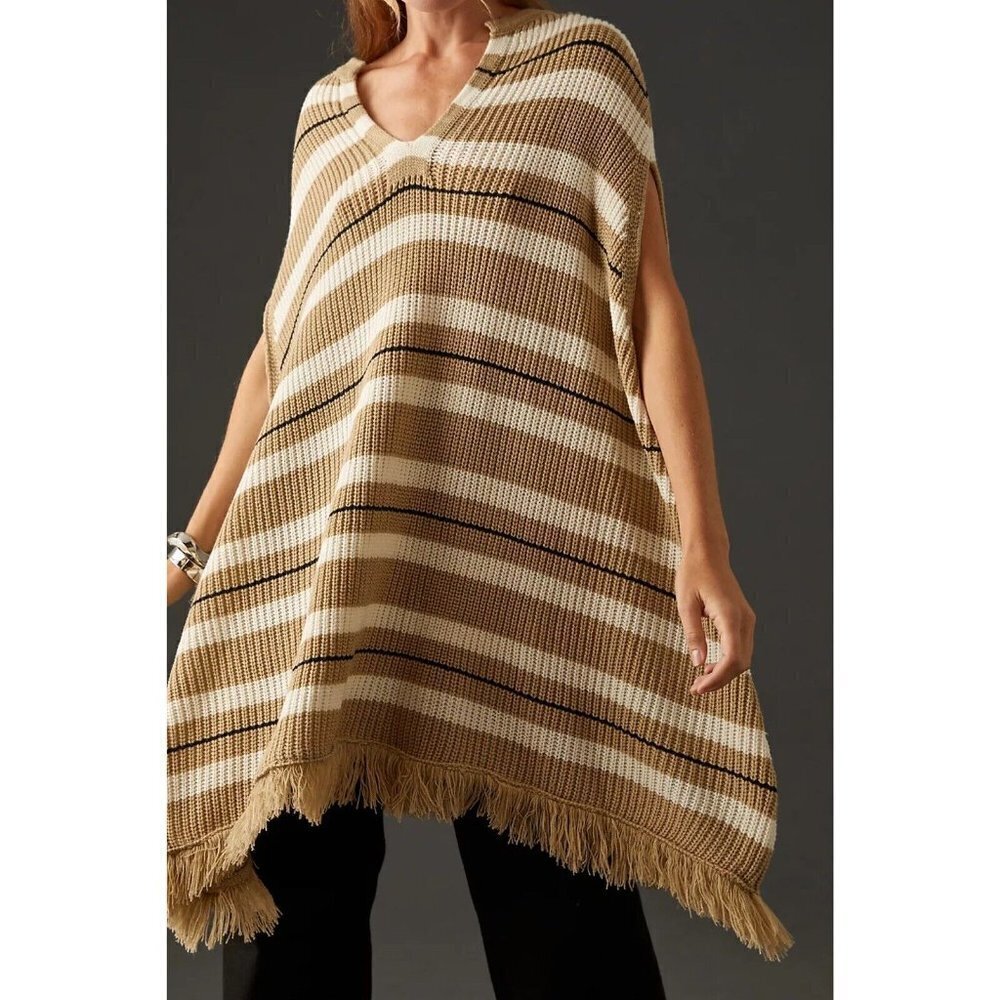 Zara Halo Brown Striped Sleeveless V Neck Fringed Hem Poncho Sweater Size S - Picture 10 of 10
